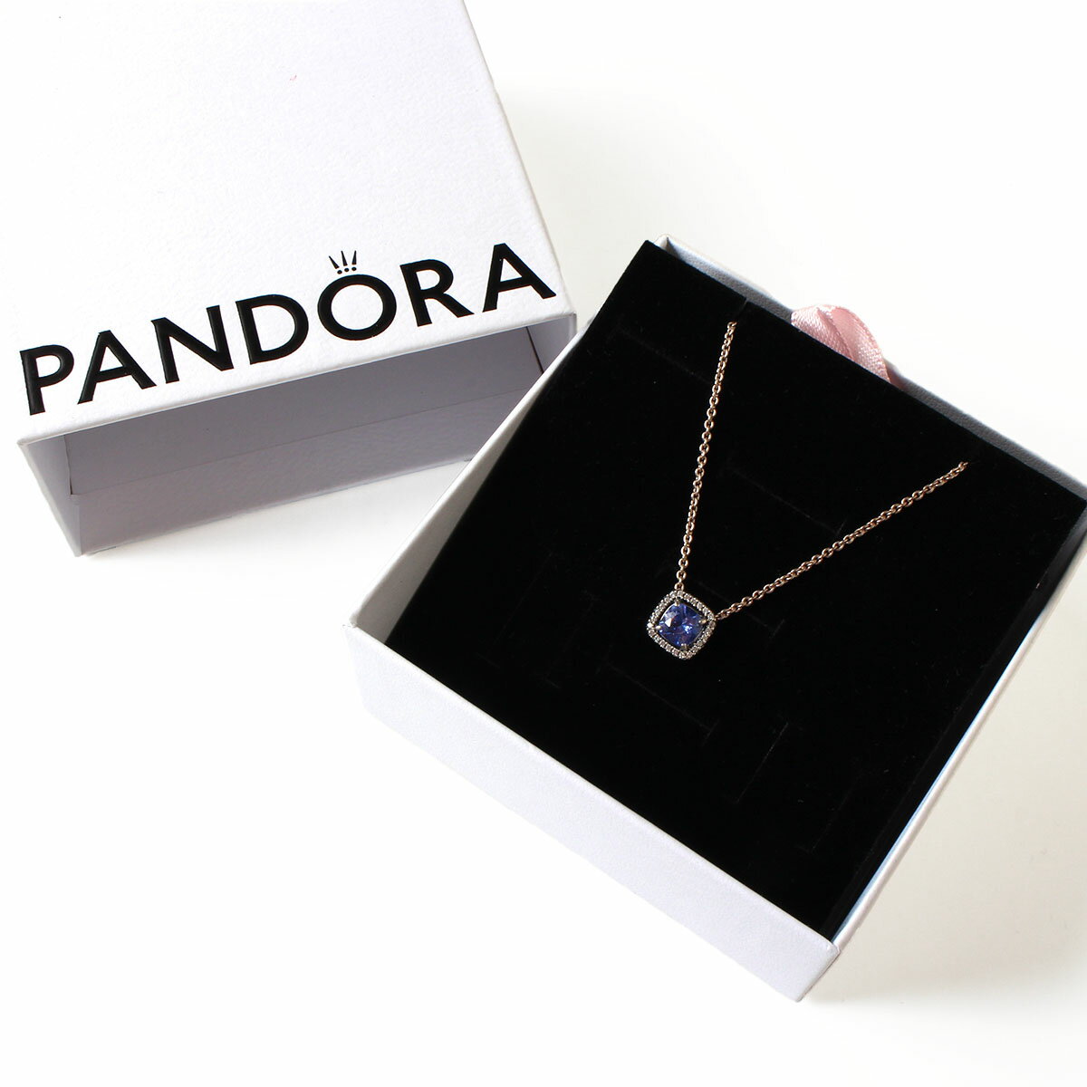 Rakuten - 【美品】PANDORA パンドラ ネックレス スパークリング スクエア ブルー ハロー ペンダント アクセサリー 925シルバー