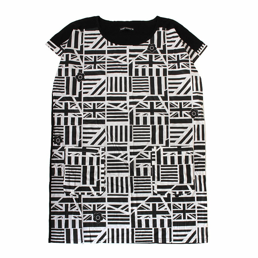 Rakuten - 【中古・未使用】MARY QUANT マリークワント 日本製 半袖 カットソー ワンピース チュニック 総柄 ブラック×ホワイト 黒×白 M 38