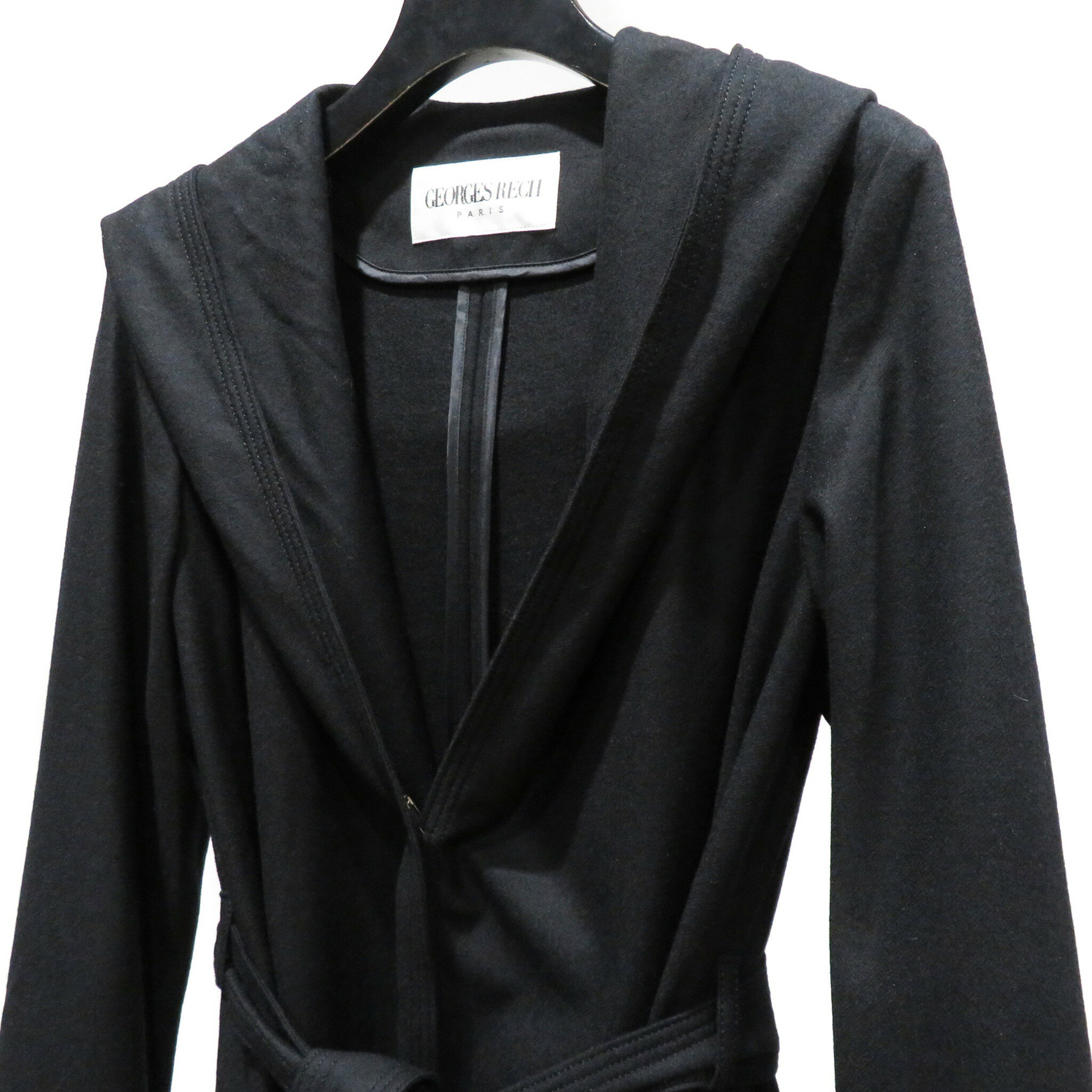 【新品未使用タグ付き】GEORGES RECH ジョルジュレッシュ ウール フーデッド ベルト付き ロング ガウン コート ラップコート パーカー フード サイズ38 黒 ブラック レディース