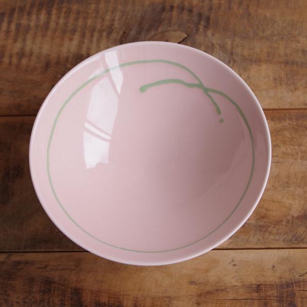 白山陶器 波佐見焼 平茶碗 飯碗 H-9 ピンク グリーン ライン レトロ シンプル