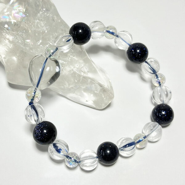 水晶ハートと星空のようなブルーサンドストーン レディースブレスレット 内径約15cm brace-l12天然石 パワーストーン