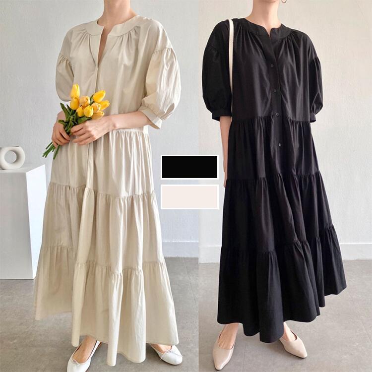 半額★ティアードロングワンピース ポワン袖 レディース ワンピース フレア 体型カバー ゆる ふわ ティアードワンピース ロング丈 ワンピース ワンピ わんぴーす フレアーワンピース 可愛い 甘め ホワイト フリーサイズのサムネイル