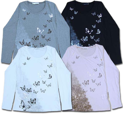 Rakuten - mysty woman ミスティウーマン長袖Tシャツ(蝶柄)ロンT