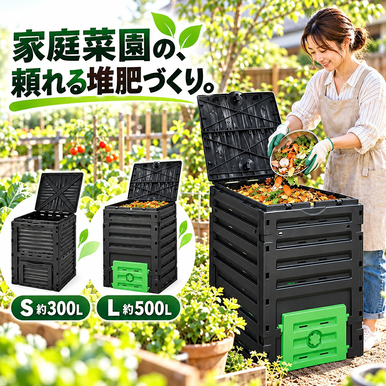 商品詳細 特徴 【選べる大容量300L・500L】 家庭から出る生ごみや落ち葉、雑草、コーヒーかす、茶葉などをたっぷり投入できる大容量コンポストです。Sサイズ約300L、Lサイズ約500Lの2サイズから使用量や設置スペースに合わせて選べるため、家庭菜園から本格的なガーデニングまで幅広く活躍します。 【大きく開いて投入しやすい】 上部には大きな投入口を備えており、生ごみや落ち葉、剪定した雑草などもまとめて入れやすい設計です。Sサイズは約49×53cm、Lサイズは約60×60cmの開口部で、毎日の投入作業がしやすく、コンポストを無理なく続けやすくなっています。 【黒色ボディ＋通気孔で発酵をサポート】 本体には太陽熱を吸収しやすい黒色素材を採用し、さらに各部に設けた通気孔によって内部に空気が流れやすい構造にしています。温度と空気の流れを確保することで、内部の微生物による分解・発酵をサポートし、家庭から出る有機物を堆肥へと循環させます。 【下部取り出し口で堆肥を取り出しやすい】 熟成した堆肥は本体下部の取り出し口から取り出せるため、上から新しい生ごみや落ち葉を追加しながら、下からできあがった堆肥を使うことができます。取り出し用の下蓋は着脱式で、作業時には外して広く使え、使わないときは上部へ取り付けて収納できる設計です。 【家庭菜園・園芸の強い味方】 作った堆肥は、野菜や果物、花、観葉植物、庭木などさまざまな植物の土づくりに活用できます。ご家庭で出る生ごみや庭の落ち葉、雑草などを捨てるだけで終わらせず、育てるための資源として再利用できるため、ガーデニングを楽しみながらごみの減量にもつながります。 スペック Sサイズ：幅60×高80×奥60cm / 容量：約300リットル / 本体重量：6kg Lサイズ：幅71×高103×奥71cm / 容量：約500リットル / 本体重量：9.5kg 本体素材：高硬度PP素材 (屋外長期対応) 仕様：大型投入口 / 熱吸収黒素材 / 通気孔 用途：生ごみ、落ち葉、雑草、コーヒーかす、茶葉からの堆肥作り 生産国 中国 ご注意点 ※サイズ・重さは製品lot中央値です。僅かに異なる場合が御座います。 ※産業製品に付き、多少のバリや歪み、傷等はご容赦下さい。 ※フタが取り外しにくい場合が御座いますが、発酵による外れを防ぐために固くなっております。 ※本製品は家庭での堆肥づくりを補助する容器です。堆肥の完成や品質を保証するものではありません。 ※記載の在庫情報は、ご注文のタイミングにより異なる場合がございます。 ※形状やデザイン、又は製品スペックが予告なく変更される場合がございます。 上記の内容を予めご了承の上、ご利用下さいませ。 【商品カテゴリー】 コンポスト コンポスター 堆肥 堆肥作り 堆肥づくり 堆肥製造 発酵容器 生ごみ処理 生ごみ 生ゴミ 野菜くず 果物くず 食品残渣 落ち葉 枯れ葉 枯葉 雑草 草 刈草 剪定枝 枝葉 茶葉 お茶殻 コーヒーかす コーヒー殻 家庭菜園 菜園 畑 農園 農業 園芸 ガーデニング ガーデン 花壇 プランター 植木 鉢植え 土づくり 土作り 土壌改良 有機肥料 肥料作り 有機物 リサイクル エコ SDGs ごみ減量 屋外 庭 ベランダ 大容量 大型 300L 500L 業務用 家庭用 農家 農場 学校 施設 店舗 飲食店 厨房 果樹園 観葉植物 庭木 果樹 根菜 葉物野菜 果菜類 完熟堆肥 腐葉土 有機栽培 無農薬栽培 自然栽培 家庭用生ごみ処理機 生ごみ堆肥化 落葉処理 草処理 庭ごみ処理 通気 発酵 発酵促進 水分調整 熟成 循環型農業 有機肥料 生ごみ処理器 虫対策 堆肥 熟成短縮 堆肥ボックス 通気口・取出口付き 家庭菜園用 ブラック 図解入り組立説明書 おしゃれ 生ごみ処理 落ち葉処理 有機肥料 生ごみ処理機 堆肥製造器