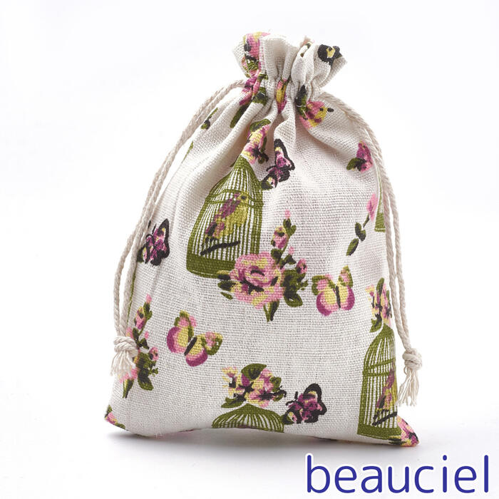 【18×13cm　5枚】コットン巾着袋　バードケージ　ラッピング用 綿　梱包　プレゼント　生成り色