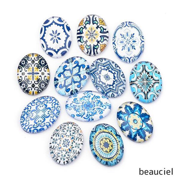 【約25×18mm 8個】オーバル型　北欧柄 ガラスカボション スクエア　クリスタル　花　模様　モダン　柄..