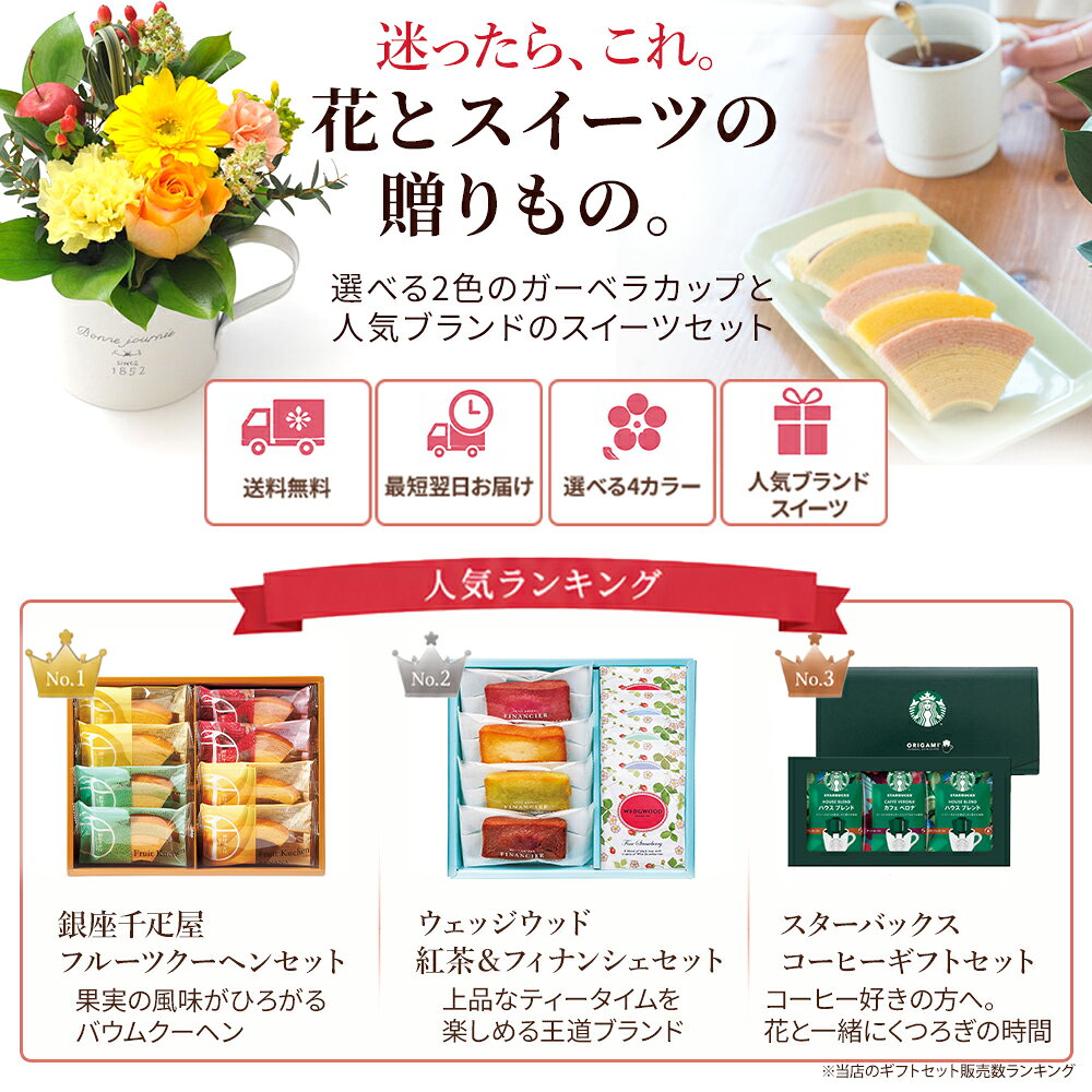 【銀座千疋屋】花とスイーツのセットガーベラカップアレンジ と 選べるスイーツギフト 銀座千疋屋 WEDGEWOOD スターバックス送料無料生花 アレンジメント 花 プレゼント 贈り物誕生日 記念日 お祝い 送別 FKAA flowerkitchen-10004683 FlowerKitchenJIYUGAOKA サンプル画像2