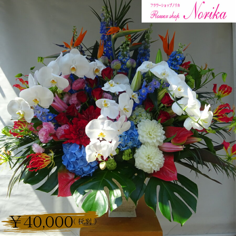 【生花】【フラワーアレンジ】季節のお花を取り入れた、お祝いアレンジメント40000円【即日配送】【立て札・メッセージカード付属】誕生日祝い／結婚祝い／移転祝い／公演・出演祝い／新築・引越し祝い／プレゼント／贈り物