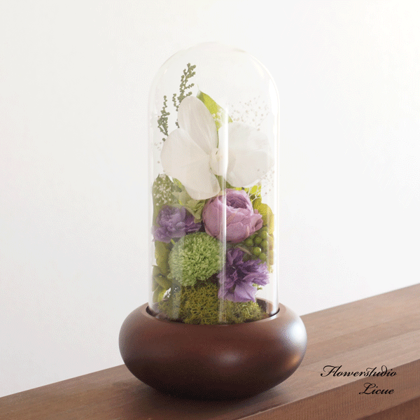 木製ガラスドーム入り仏花大(紫&緑)胡蝶蘭とバラとマムお供え 供養 プリザーブドフラワー 枯れないお花 ガラスドーム ガラスドーム1対