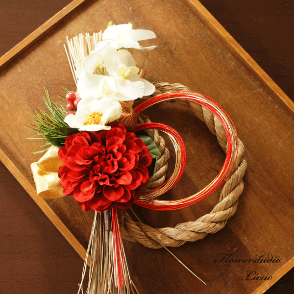 【早割中】椿と胡蝶蘭とダリアのしめ縄飾り（赤) お正月飾り しめ縄 しめ縄 おしゃれ しめ縄 モダン しめ縄リース しめ縄 リース