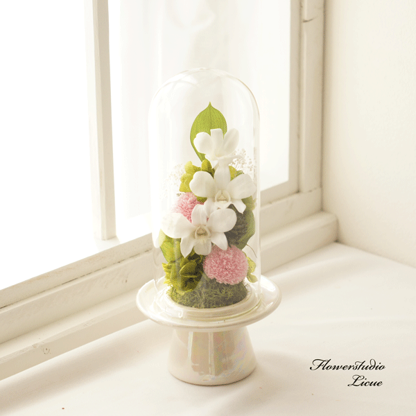 ガラスドーム入り デンファレとマム（ピンク）お供え 供養 プリザーブドフラワー 枯れないお花 ガラスドーム ガラスドーム1対