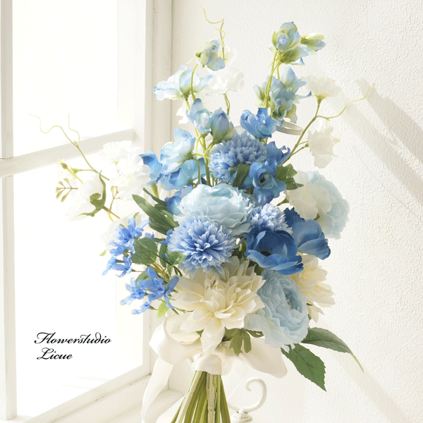 青のウェディングブーケ アーティフィッシャルフラワーブーケ 和風ブーケ 和装ブーケ 前撮り 白無垢 色打掛 ロケーション撮影 空色ブーケ