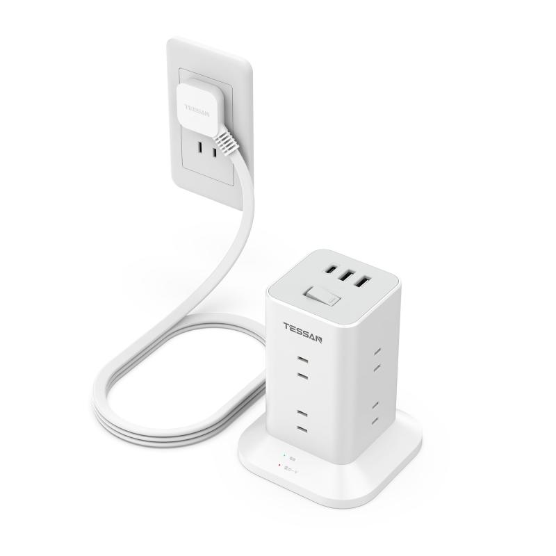 TESSAN 電源タップ タワー型 延長コード 2m 薄型プラグ 8個AC コンセント 1個USB-Cポート及び2個USB-Aポート テーブルタップ たこあしコンセント タコ足配線 マルチ OA 雷ガード 一括スイッチ 省エ