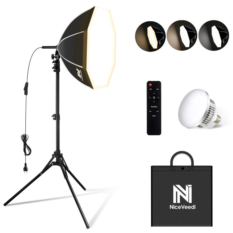 NiceVeedi 50cm八角形ソフトボックス 85W LED電球撮影用ライト 遠隔操作 3色ライトモード3000K-6000K 撮影用照明ライト 写真撮影照明用ソフトボックス 160cm調整可能三脚付き お持ち込みやすい 収納