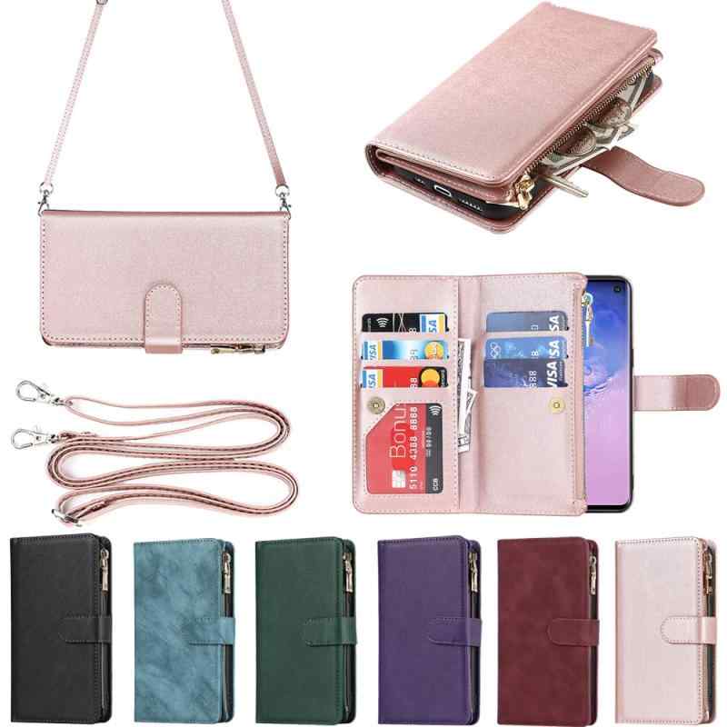 Eastwave サムスン ギャラクシー S10 ケース for Samsung Galaxy S10 縄掛けケース 手帳型 財布型 ICカード コインポケット ストラップ付き カード 収納 小銭入れ ファスナーポケット付き PUレザー 6色