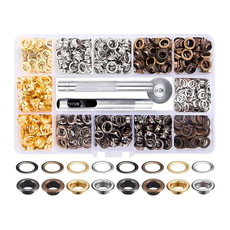 樂天商城 - ハトメ 5mm 両面 穴あけ 打ち具 レザークラフト 金具 工具 キット 4種色400組 底鋲 打ち具 手芸 丸形 布革細工 DIY パーツ 収納ケース付き