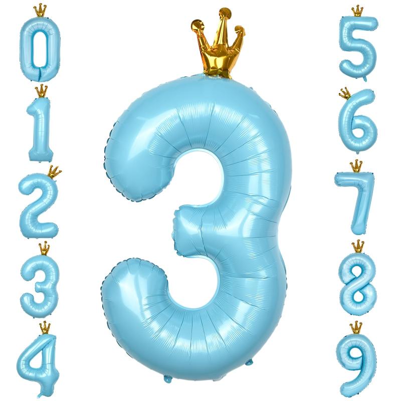GRESATEK バルーン 数字 風船 誕生日 40インチ 大きい ナンバー3 バースデーバルーン 王冠付き クラウン 飾り付け 結婚式 パーティー 記念日 ウェディング ブルー
