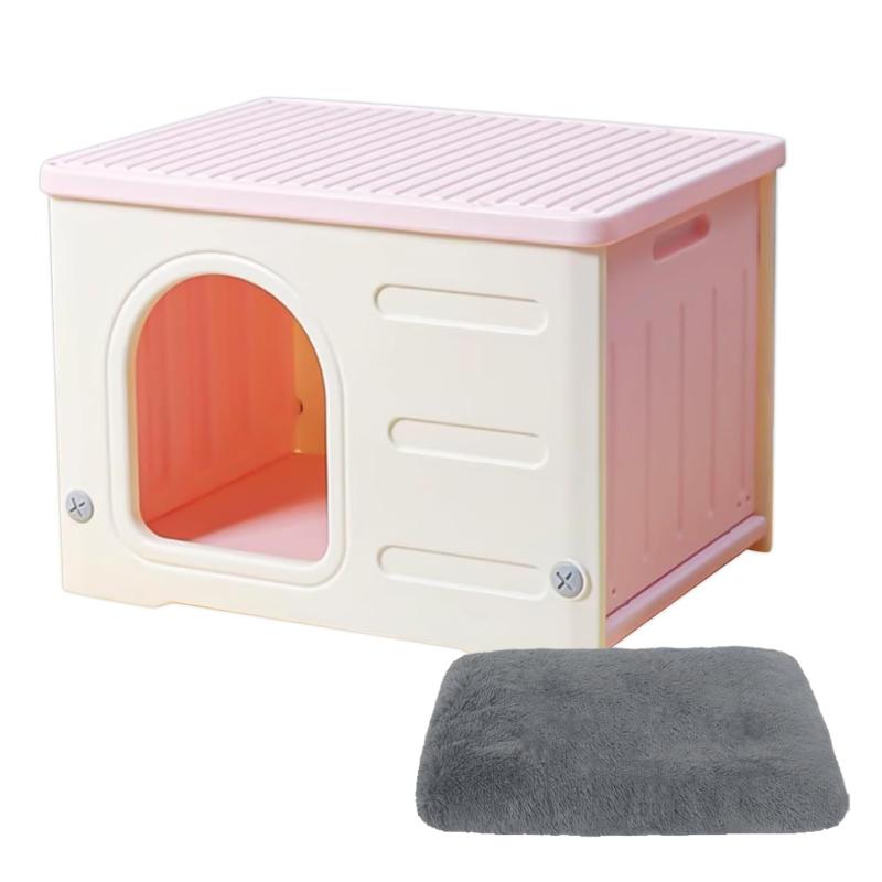 Pempet 猫 ハウス キャットハウス ペットハウス 小型犬用 プラスチック 猫小屋 屋外 室内 野良猫ハウス オールシーズン 毛布付き 防寒 雨よけ ペット用品 通気性 組み立て 洗える ピンク おし