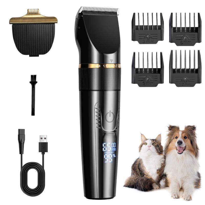 ペット用バリカン 犬用 猫用 静音 低振動 充電式 1800mAh コードレス IPX7防水 2種類刃付き 5段階刈り高さ 2段階速度調整 4種コーム🐶【2種類の刃＆2段階スピードで全身ケア】このペットトリミングバリカンは、2種類の刃を搭載しており、背中・お腹などの広範囲を一気にカットできる大型刃と、顔・お尻・肉球まわりなどの細かい部分に最適な小型刃を付け替えて使用可能。さらに、2段階のスピード調整により、毛質に合わせた最適なトリミングができます。ふわふわの長毛、密集した厚毛、硬めの毛、カールした巻き毛など、どんなタイプの毛でもスムーズにカット。犬や猫の全身を思い通りに美しく整えられます。🐱【5段階高さ調整＋4種類ガイドコームで理想のスタイルに】ペット用バリカン本体の5段階刈り高さ調整と4種類のアタッチメントを自由に組み合わせることで、思い通りの長さ・スタイルに仕上げることができます。チタン合金＋セラミックのダブル刃を採用し、切れ味が鋭く、スムーズで快適なカットが可能。初心者からプロのトリマーまで使いやすい高性能ペット用バリカンです。🔋【コードレス・USB充電で快適使用】1800mAhの大容量バッテリーを内蔵し、最大約120分の連続使用が可能。USB充電式で、どこでも簡単に充電でき、時間に縛られずに使えるので、外出先でも便利です。わずか数時間の充電で長時間使用でき、コードレス＆軽量設で持ち運びも簡単。LEDディスプレイで電池残量や速度を一目で確認でき、いつでも安心して使用できるペット用バリカンです。🔇【静音設計＆R型安全刃設計でペットにやさしい】45dBという静音設計により、トリミング中の騒音を最小限に抑え、音に敏感な犬や猫にも安心。静かな動作音で、怖がりなわんちゃんやねこちゃんもリラックスしてお手入れができ、動物たちにストレスを与えることなく、安心してケアができます。さらに、R型の丸みを帯びた刃先がペットの皮膚をやさしく守り、肌を傷つける心配もありません。安全に使用できるペット用バリカンです。💦【PX7防水・全身丸洗い可能でお手入れ簡単】このバリカンはIPX7防水設計で、使用後はそのまま丸ごと水洗いが可能。付着した毛くずや汚れも簡単に洗い流せて、いつでも清潔に保てます。クリーニングブラシ付きで細部まできれいにお手入れ可能。日本国内PSE認証取得済みで、安全性と耐久性にも優れています。長く安心してご使用いただけます。