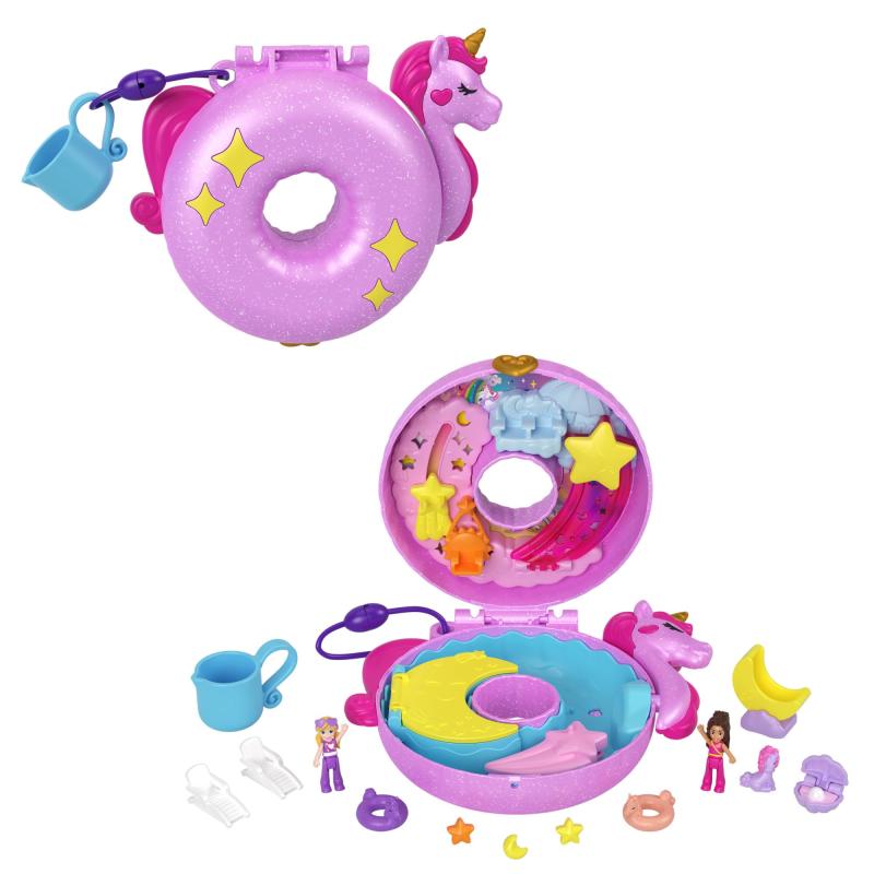 Polly Pocket Sparkle Cove アドベンチャー ユニコーン フローティ コンパクト プレイセット マイクロドール2個&amp;アクセサリー12個付き カラーチェンジ付き