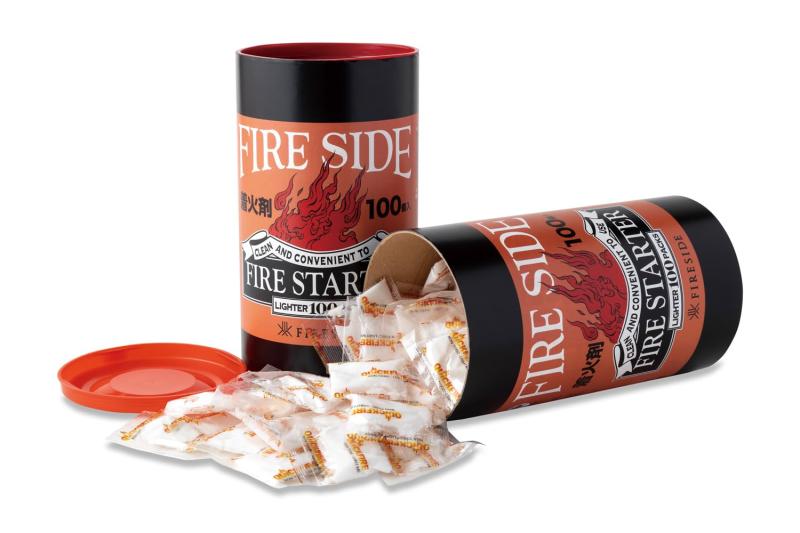 [ファイヤーサイド] ファイヤースターター B100 着火剤 100袋入り小分けになった袋にそのまま着火することができる便利な着火剤。 たっぷり使える分量です。・燃焼時間：約6〜8分(1個) ・着火剤重量：1箱 約700g入り(約100個) ・成分：パラフィン、他 ・袋：ポリエチレン ・セルビア製