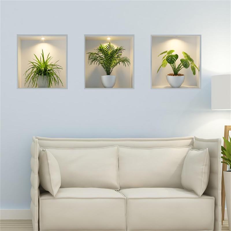 WALLMEII ウォールステッカー グリーン 鉢植え 盆栽 3 枚組 白い花瓶 植物 緑の葉 壁紙シール はがせる おしゃれ 北欧 モノトーン 春 ウォールシール 観葉植物 景色 壁飾り 子供 リビングルーム