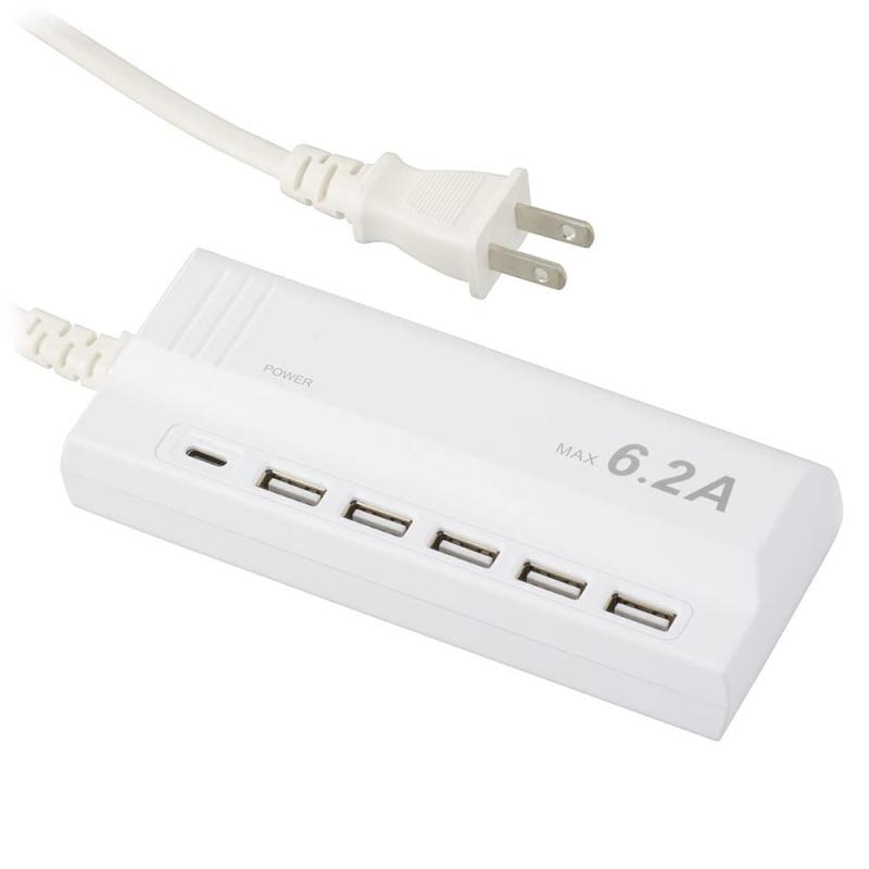 オーム電機 USB ACチャージャー TypeA×5＋TypeC 1.5m AC充電器 USB電源タップ SMP-U5C62E3-W 00-1229 OHM