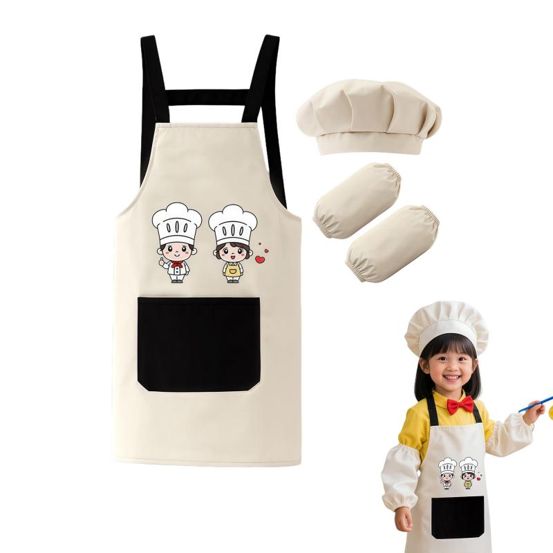 [Wwllylsylm] 子供用エプロンセット、フードと袖付き、防水・防汚、小学生（110cm-150cm）に適し、しわになりにくく、色あせしにくく、着脱が簡単、男女兼用、防塵、漫画風、子供用絵画スモッ