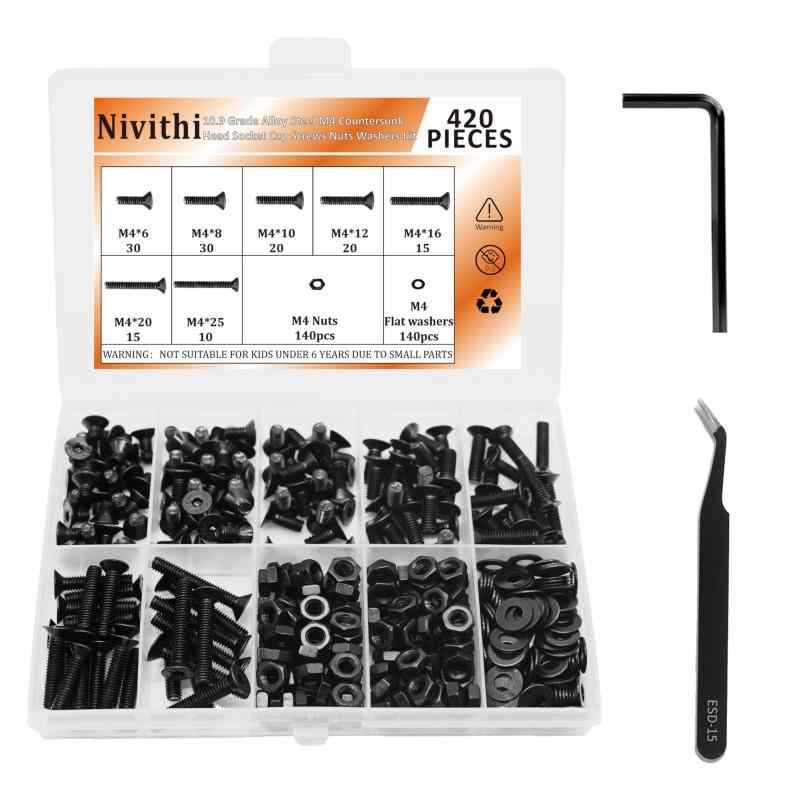 Rakuten - Nivithi M4皿頭ソケットキャップネジ M4X6/8/10/12/16/20/25mm 六角穴付きボルト 10.9グレード合金鋼 ナットセット 420個入り 高強度 防錆仕様 M4S1