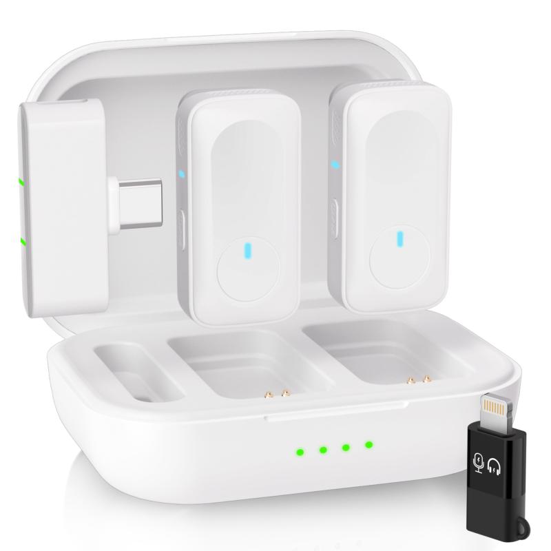 ピンマイク ワイヤレス iPhone/iPad/Android/PC対応 2人同時使用 瞬時接続 360°集音 ワイヤレスマイク 収音録音 24時間使用 充電ケース付 超ミニ 軽量ピンマイク ワイヤレス 超軽量 38時間ノイズ低減 自動制限機能 ワイヤレスマイク カメラ/iPhone/Android Vlog撮影用 ミニワイヤレスマイク (2 TX + 1 RX + 充電ボックス)