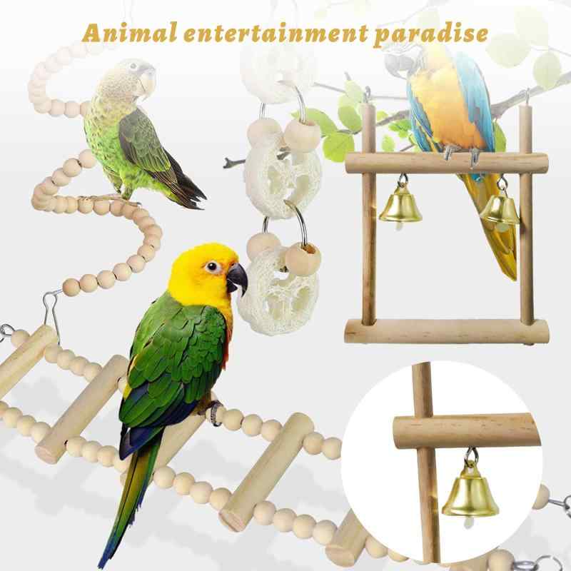 NewageOfficeflowingのインコ おもちゃ 8点セット 木製 鳥のおもちゃ 吊り下げ 噛む玩具 ブランコ はしご 止まり木 オウム セキセイインコ オカメインコ バードトイ 遊び場 (8点セット A)｜アングル3