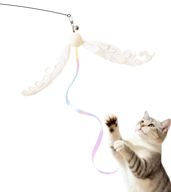 HOLYCAT 猫 じゃらし 羽根付き 回転 風車 猫 おもちゃ ネコオモチャ ねこじゃらし 羽根 天然羽 頑丈 釣竿 ワイヤー 木製のハンドル 猫玩具 一人遊び 猫のおもちゃ