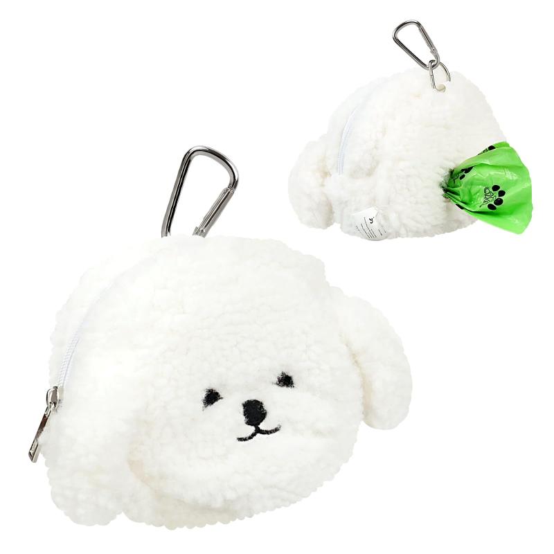 犬用うんち袋ホルダー かわいい犬型デザイン｜リード取付け可・ふわふわ素材｜携帯用＆洗えるペット用ゴミ袋ディスペンサー｜ジッパー付きミニポーチ＋ゴミ袋1ロール付き
