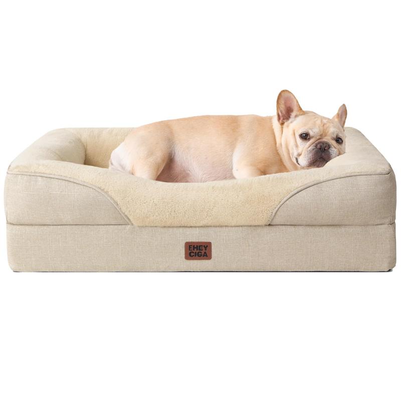Rakuten - EHEYCIGA 犬 ベッド ペット 犬用ベッド 洗える 防水 猫 ベッド 高反発 クッション M 小型犬 中型犬 取り外せるカバー 滑り止め （ベージュ, 76x51x16.5cm）