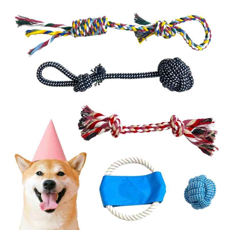 Freemos 小型犬・子犬用 超耐久コットンロープおもちゃセット｜歯がため・歯磨き効果｜激しい噛み癖OK｜綱引き遊び対応｜安全設計耐久性と安全性の素材：当社のロープドッグトイは100%天然洗濯可能なコットン製で、ペットが毎日噛んで遊んでも...
