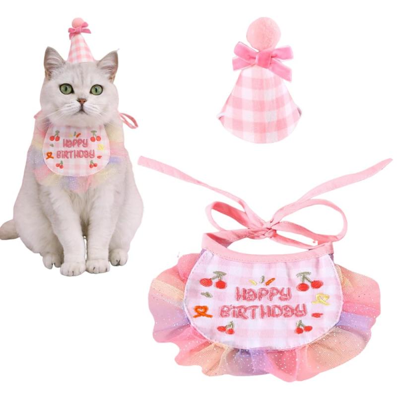 Rakuten - YBGGJO 誕生日帽子 犬 猫 2点セット よだれタオル HAPPY BIRTHDAY バースデー よだれかけ バンダナ 蝶ネクタイ 調節可能 柔らか 飾り付け おしゃれ 撮影 写真 誕生日プレゼント パーティー飾り (ピ