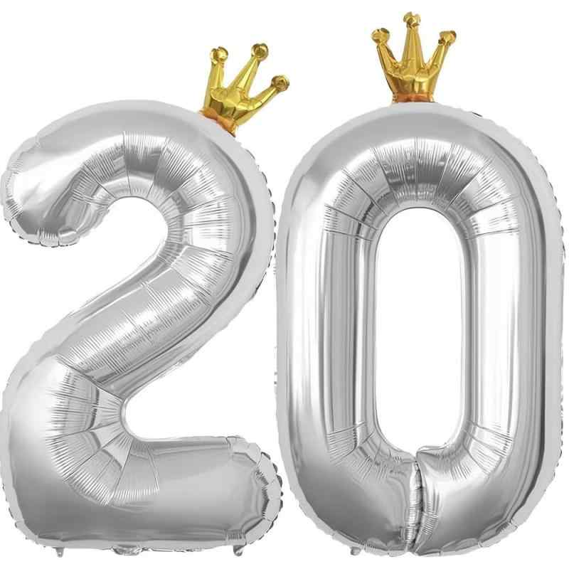 PomeloCoto 20数字 バルーン銀 大きい誕生日 飾り付け20歳, 100cm王冠銀風船 数字20スウジ バルーン オオキイ 記念日/カーニバル/卒業式/プロポーズ/写真撮影用小道具
