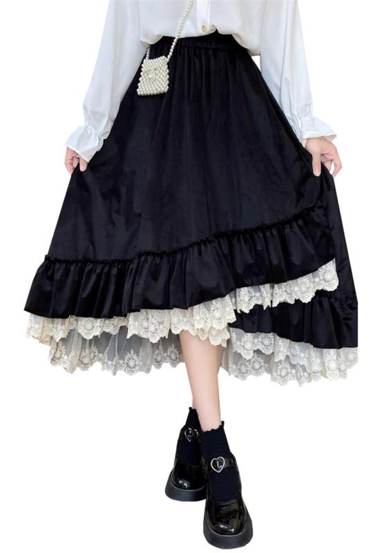 [WANSHIX] ロングスカート レース柄 プリーツスカート ハイウエスト Aライン ウェストゴム スクールスカート ロリータ プリンセス 地雷系 量産型 春秋冬
