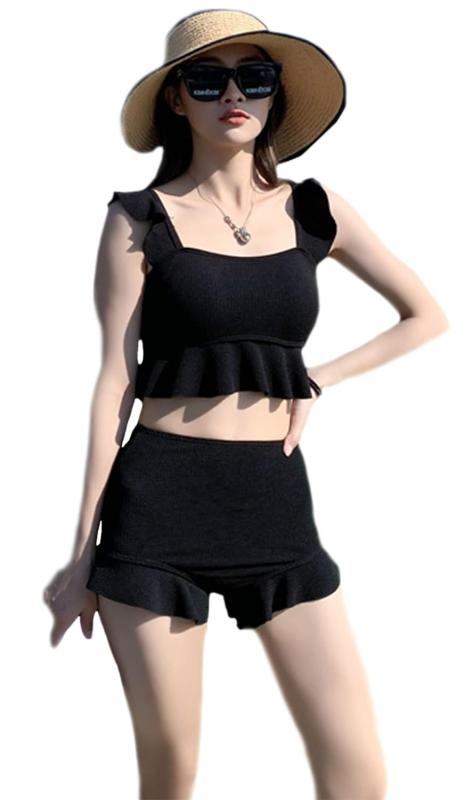 [ZIMUYLOP] 水着レディース比カットビキニフリルタンキニ分離2着ハイウエスト伸縮性分離スポーツドレスビーチウェアビキニセット単色水着女性スイミングクラスドゥハイウエストショーツス