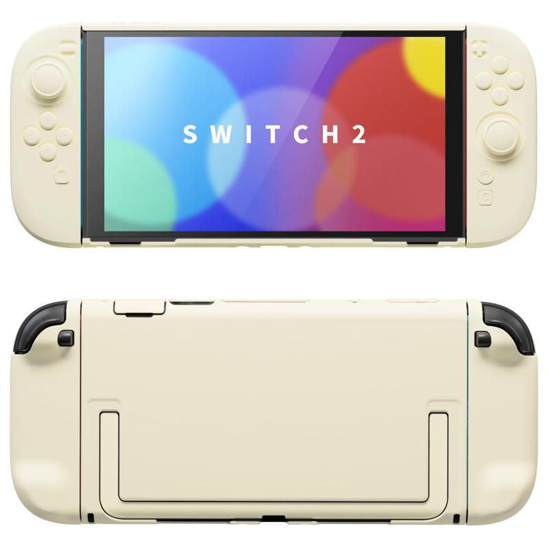 PlayVital Switch2対応保護ケース switch2背面キックスタンド使用可能ハードカバーケース 着装したままドック対応 キズ防止 耐衝撃 サムグリップ＆ボタンキャップ＆ステッカー付属【アイボリー