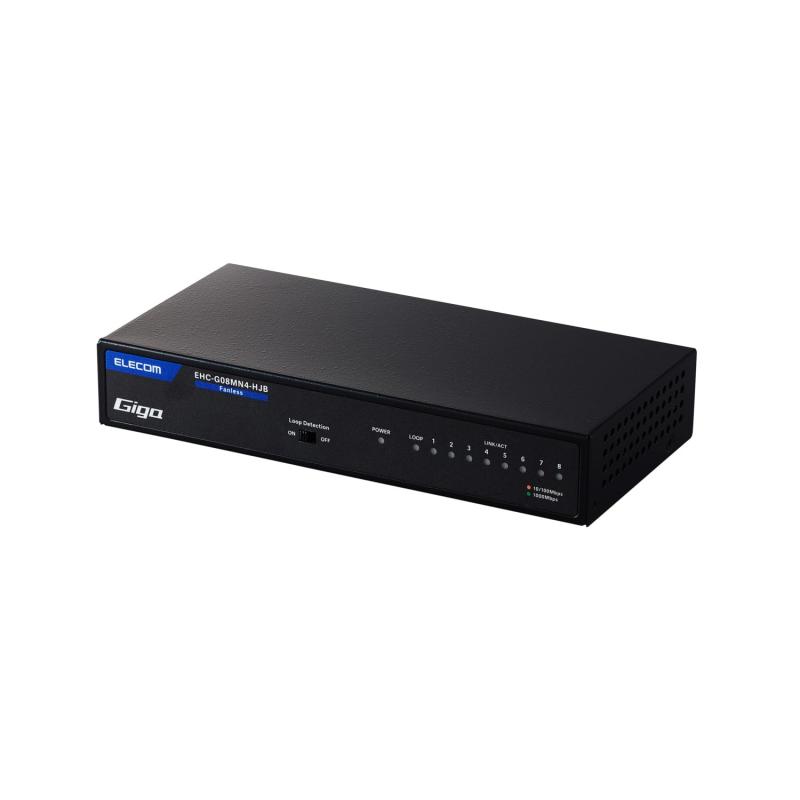 エレコム Giga対応スイッチングHub 8ポート 金属筐体 磁石付き 電源内蔵モデル ブラック EHC-G08MN4-HJBGiga(1000BASE-T)対応、電源内蔵のメタル筐体8ポートスイッチングハブです。ストレート/クロスケーブルを自動判別する「Auto MDI/MDI-X」機能を全てのポートに搭載。接続ミスを防ぎます。作動音が気にならない静音ファンレス設計で、静かな部屋での使用にもおすすめです。メイン基板に電解コンデンサーを使用していません。それにより長寿命設計を実現した信頼性の高いスイッチングハブです。ACケーブルに耐トラッキング性のコンセントプラグを採用。長期間設置した場合でも、トラッキング現象を防止します。
