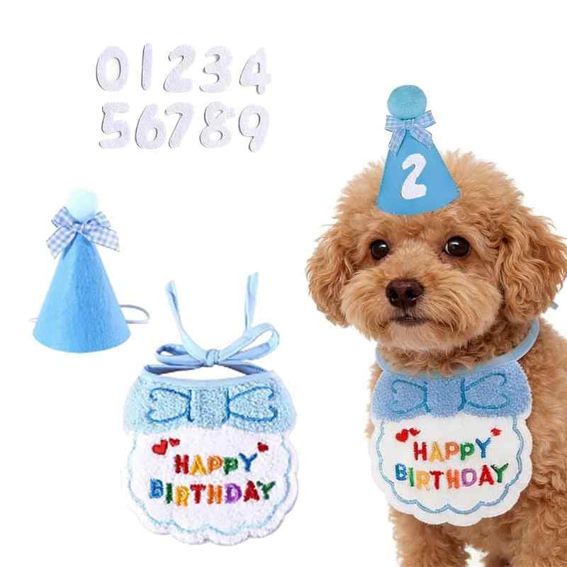 DENGUJD 犬 誕生日 犬 猫用 happy birthday 数字付 誕生日帽子 3点セット ペット 誕生 王冠 飾り付け タオル 犬 帽子 蝶ネクタイ 唾液タオル 調節可能 ハット 小型犬
