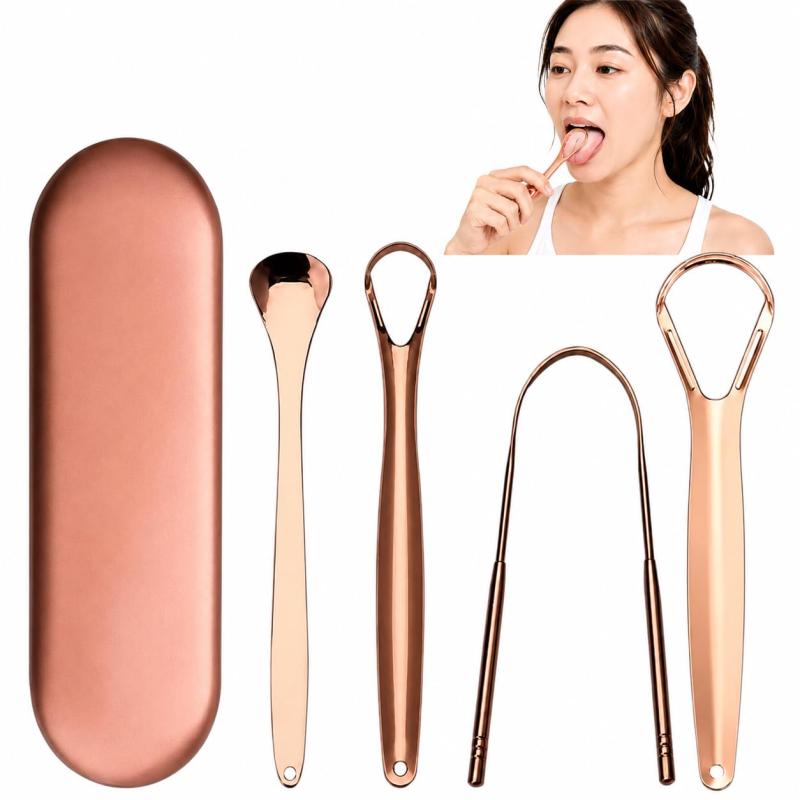  舌クリーナー 3本セット 収納ケース付き タングスクレーパー ステンレス製 Tongue Scraper 舌ブラシ 舌磨き 舌苔ケア 水洗いしやすい 携帯用 オーラルケア ローズゴールド