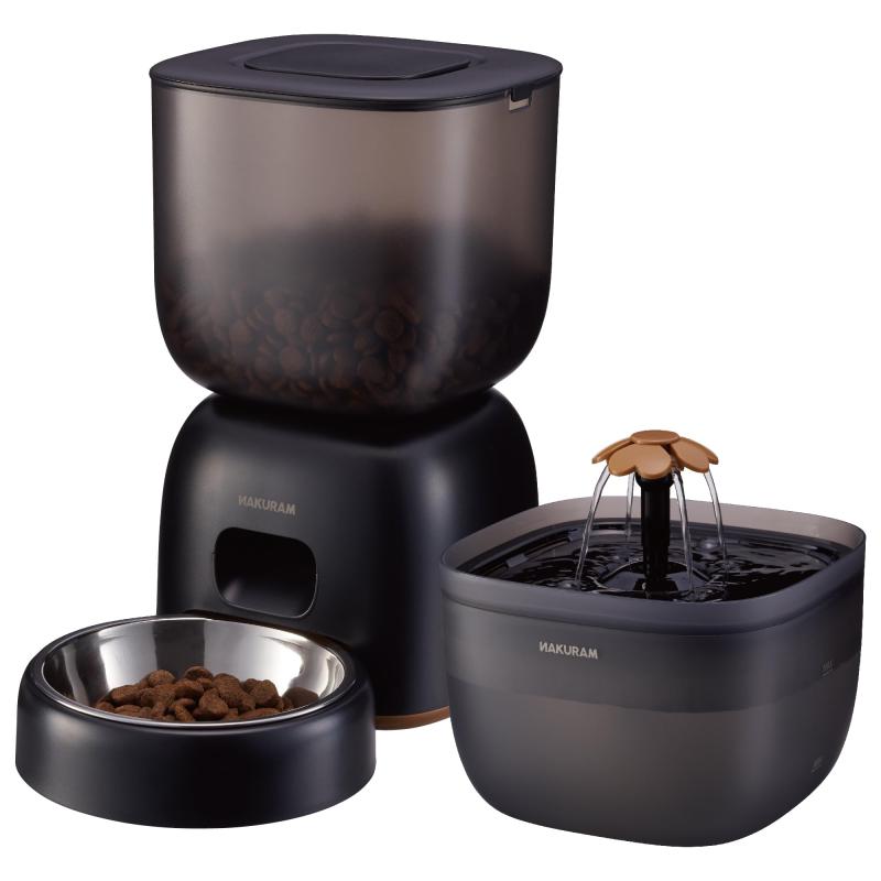 Rakuten - NAKURAM ナクラム ペット用オートフィーダーアンドファウンテン DA-459 犬 猫 自動給餌器 自動給水器 録音機能 2WAY給電 循環式 フィルター付 ブラック インテリア おしゃれ