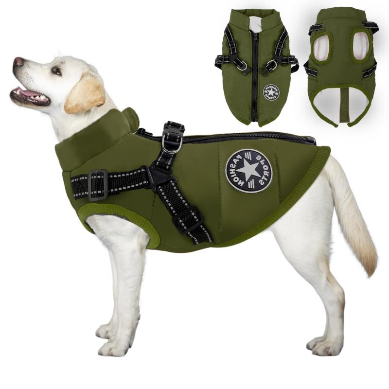 Rakuten - Koramaku 犬服 一体型綿コート ハーネス付き 背中開き おしゃれ 牽引 夜間反射 暖かい ペット 猫 犬 服 冬 小型犬 中型犬 着脱簡単 裏起毛 ベスト 防水 撥水 防寒 ジャケットリードリングあり