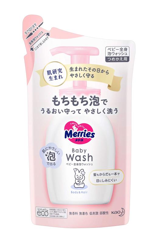 メリーズ ベビー全身泡ウォッシュ 詰替【1本で全身洗える泡シャンプー】1本で髪も顔もからだも洗えるベビーソープです。目にしみにくい処方。無香料、無着色、低刺激、弱酸性、アルコールフリー(エチルアルコール無添加)、アレルギーテスト済(すべての...