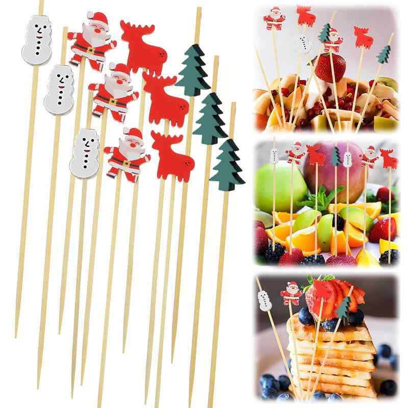 Coollooda カクテルピック 【クリスマス】 100本セット 12cm カクテルピン ピンチョス スティック フルーツピック サンタクロース、雪だるま、鹿、松の木 つまようじ クリスマス 竹 爪楊