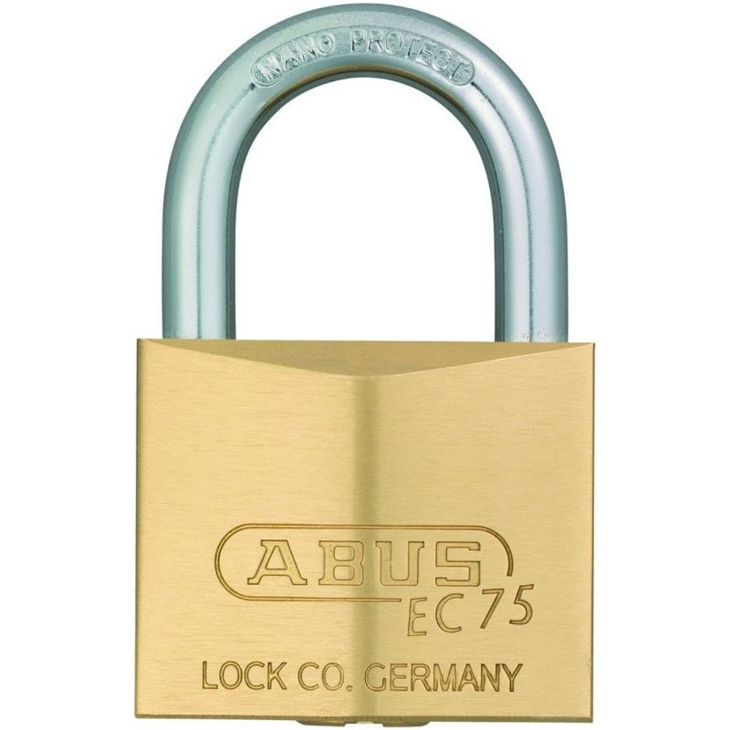 ABUS 真鍮南京錠 EC75/60 KD ディンプルシリンダー バラ番特長:●圧倒的なカギ違いを誇ります。●30・40mmタイプは8,000通り、50・60mmタイプは168,000通りを有します。●切断に強い焼入れ鉄製ツルです。●本体にキーナンバーの刻印が無い「安全設計」ですので、重大な解錠犯罪を防ぎます。(キーにはキーナンバーを打刻)仕様:●キー3本付用途:●学校やオフィスのロッカー、郵便ボックス、車止めのポールなど。ツル径:10mm本体幅:60mm