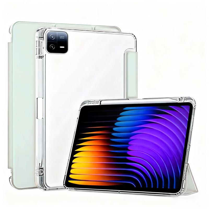 Xiaomi Pad 7/7 Pro ケース 透明アクリル 耐衝撃PUレザー タッチID対応ペンシルホルダー付き 三つ折りスタンド 自動スリープ機能搭載 超スリム + ペーパーライクフィルム