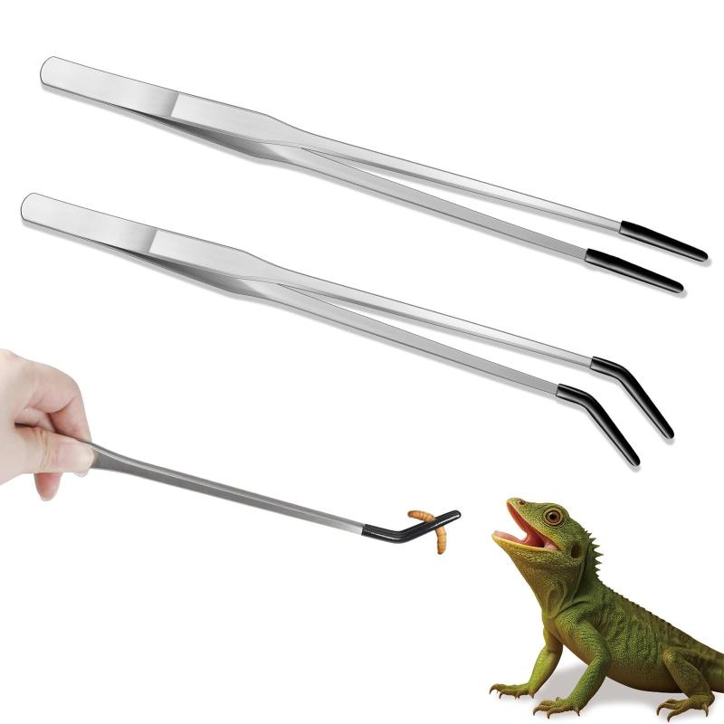 爬虫類ピンセット トング 給餌トング ゴムチップ付き ステンレススチール 餌やりピンセット 長い ストレート&カーブタイプ 蜥蜴 ヘビ カエル 昆虫給餌用 水槽 テラリウム用 2本 昆虫用給
